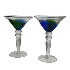 Pier 1 Hand Made Blue Green Martini Bar Glasses 6 1/2” Tall 5" Rim X2‎